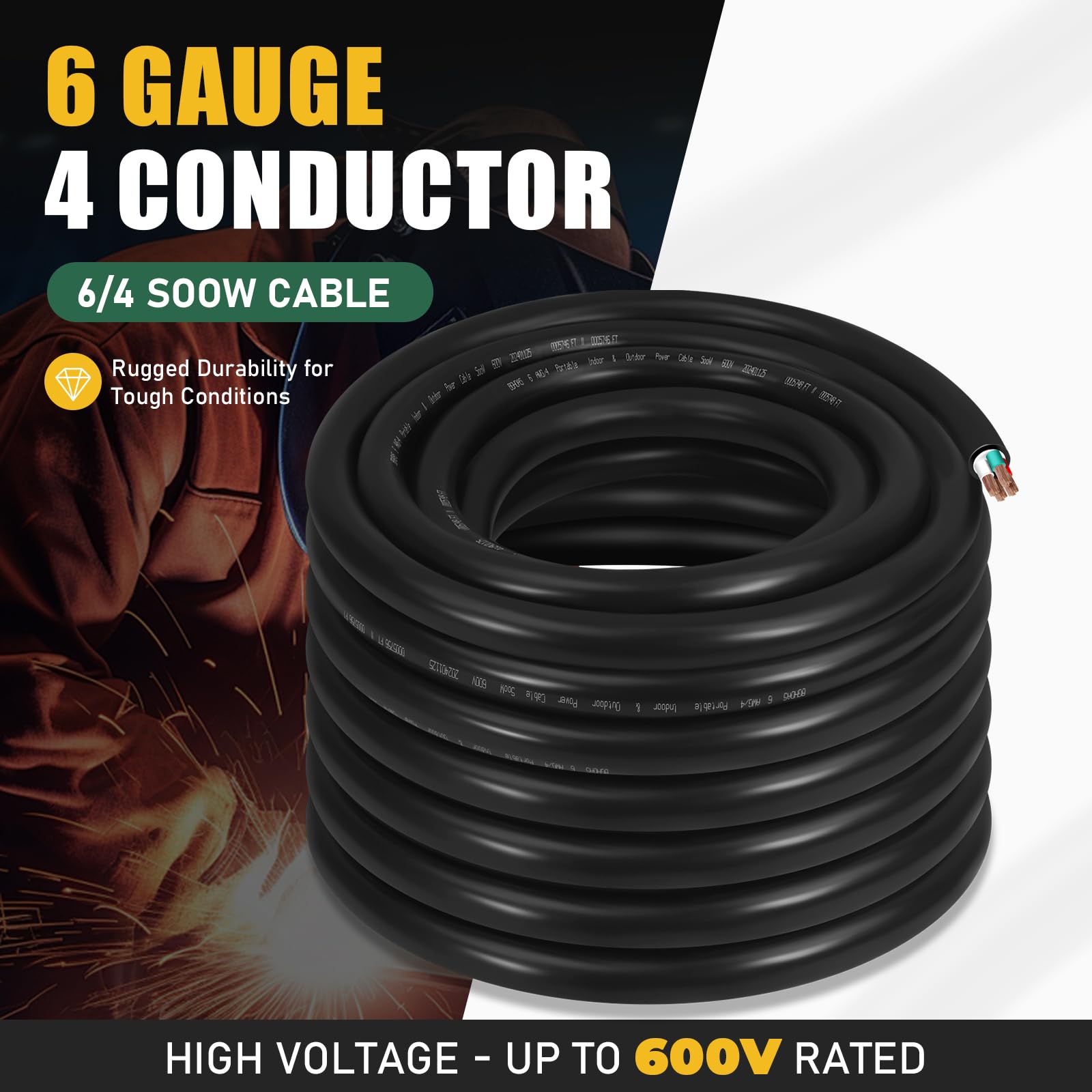 SOOW - Cavo elettrico portatile SOOW 6/4 6 AWG (4 conduttori), 600 V, calibro 6, per saldatore, generatore, luci portatili, caricabatterie per auto EV, industriali, uso esterno, 15 m