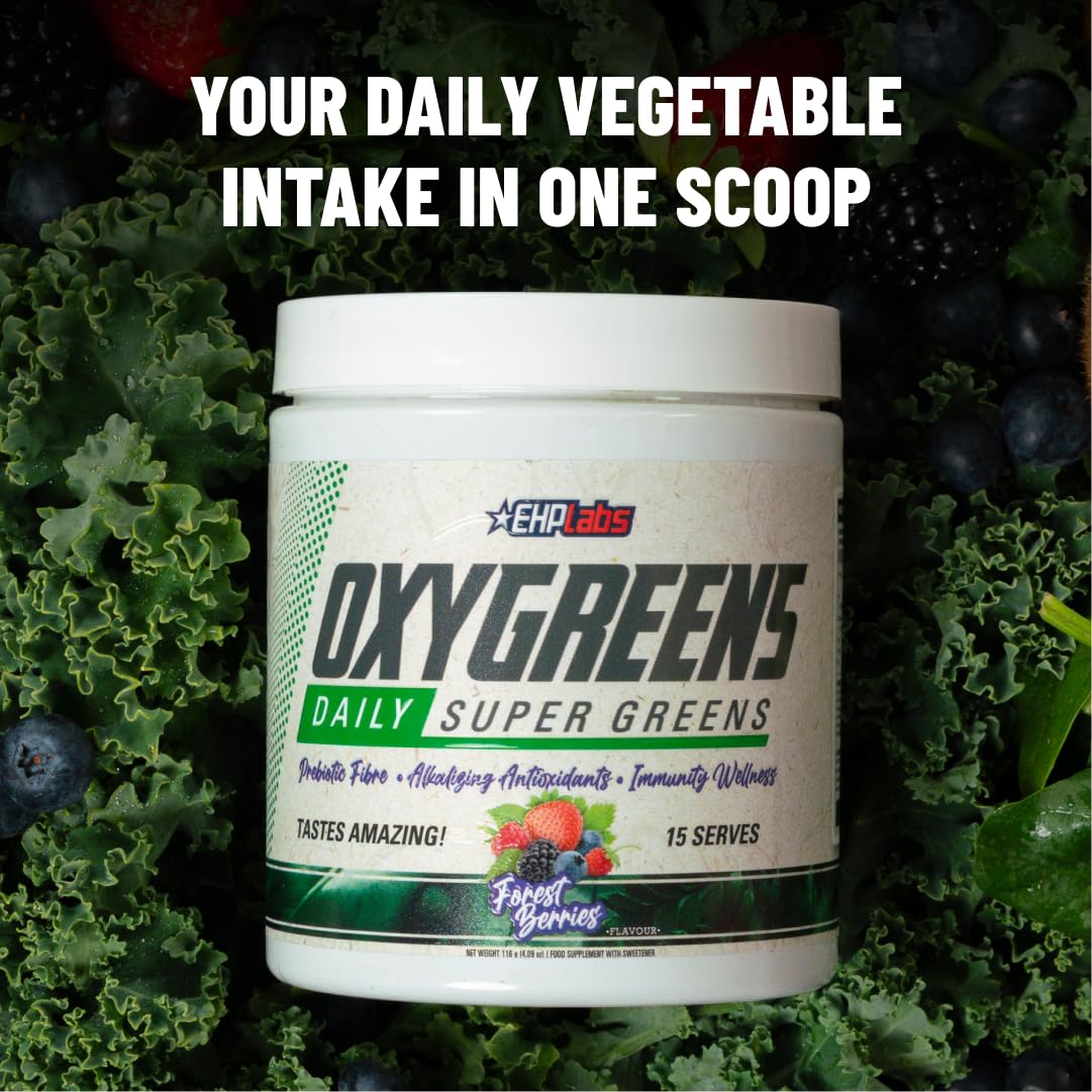 EHP Labs OxyGreens Super Greens Powder with Spirulina & Chlorella, Prebiotic Fiber, Probiotics & Digestive Enzymes – Antioxidant Green Superfood Supplement - 15 Servings (Forest Berries) — Amazon image 5