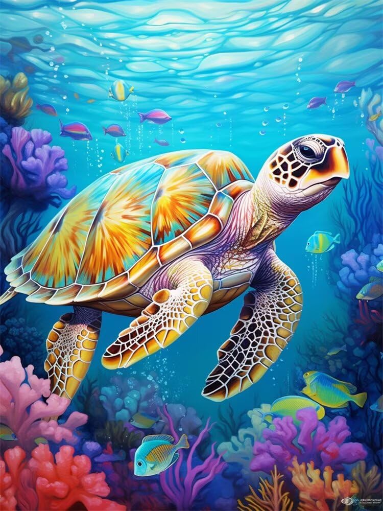 Peinture Numero Adulte Tortue Corail Peinture par Numero pour Débutants 60x90cm, DIY Activité Manuelle Paint by Numbers, Kits de Peinture au Numéro pour Décoration de la Maison (Sans Cadre) -PT504