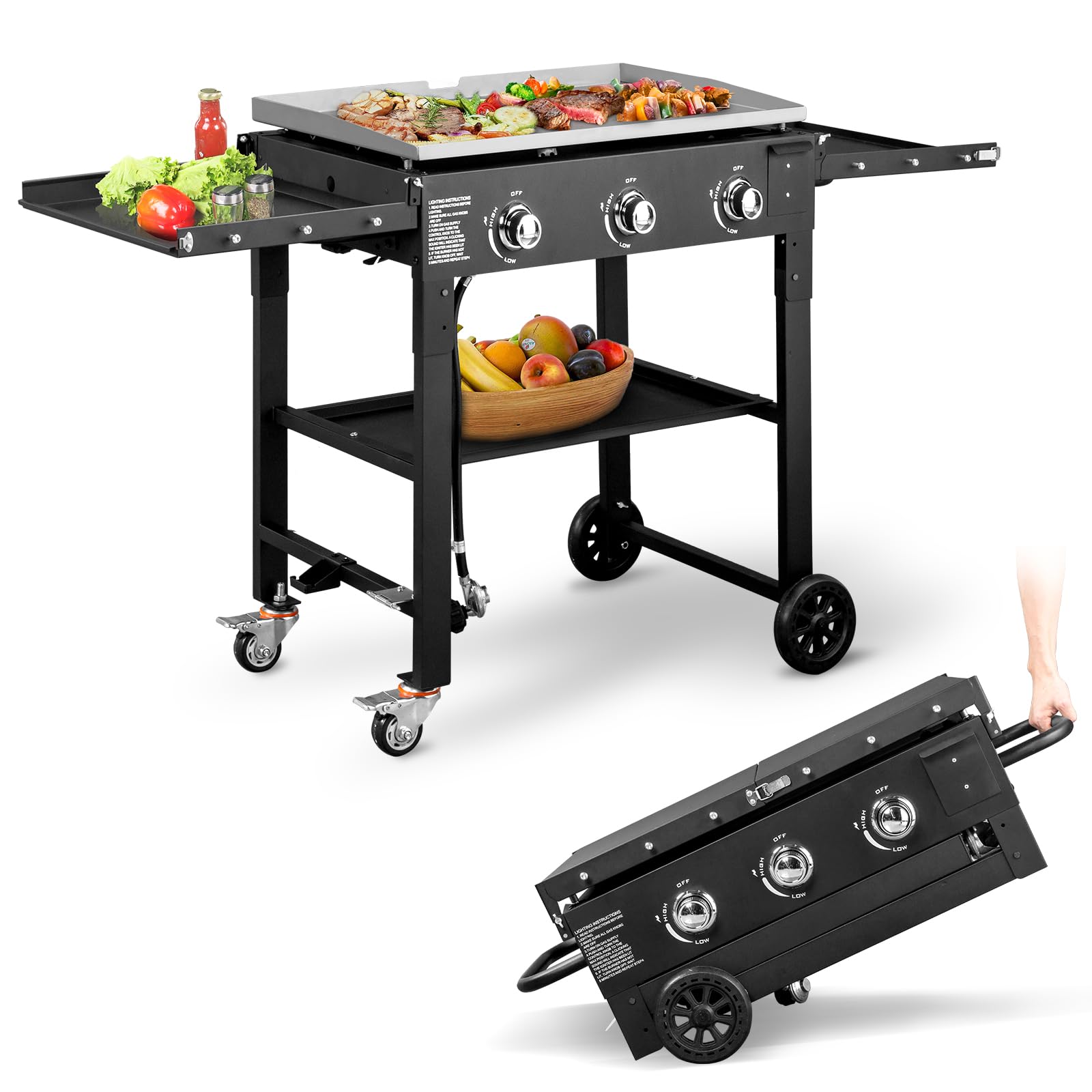 Outvita 3 Burner Portable Flat Top Gas Grill, 31.5" Propane Griddle, 45,000 BTU, Outdoor Griddle Station with Folding Legs for Outside Cooking Camping Tailgating