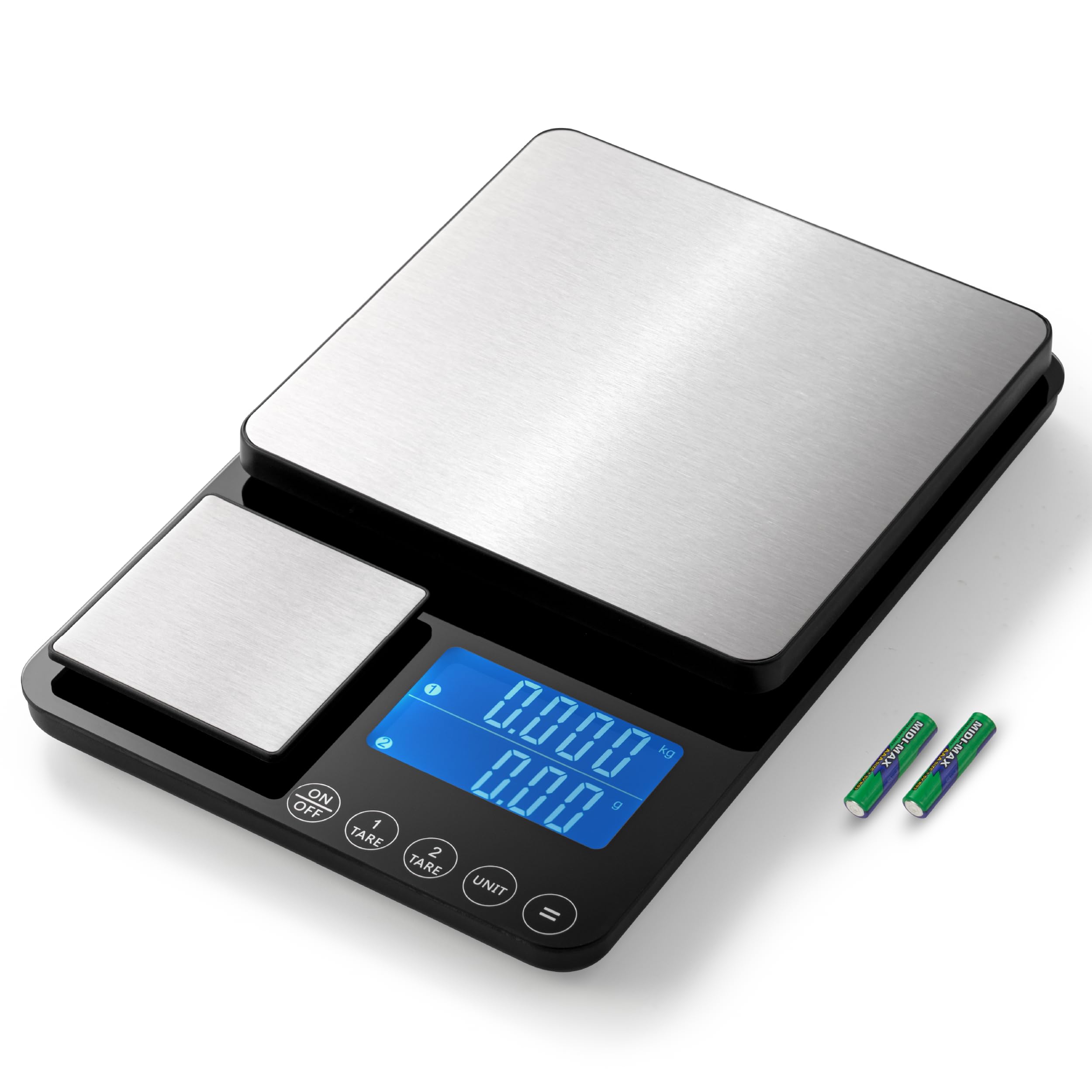 Balance de cuisine à double plateforme, balance alimentaire numérique avec double affichage, deux en un pour poids lourd et précis, 0,01 g, acier inoxydable, 7 unités de tare, pour pâtisserie