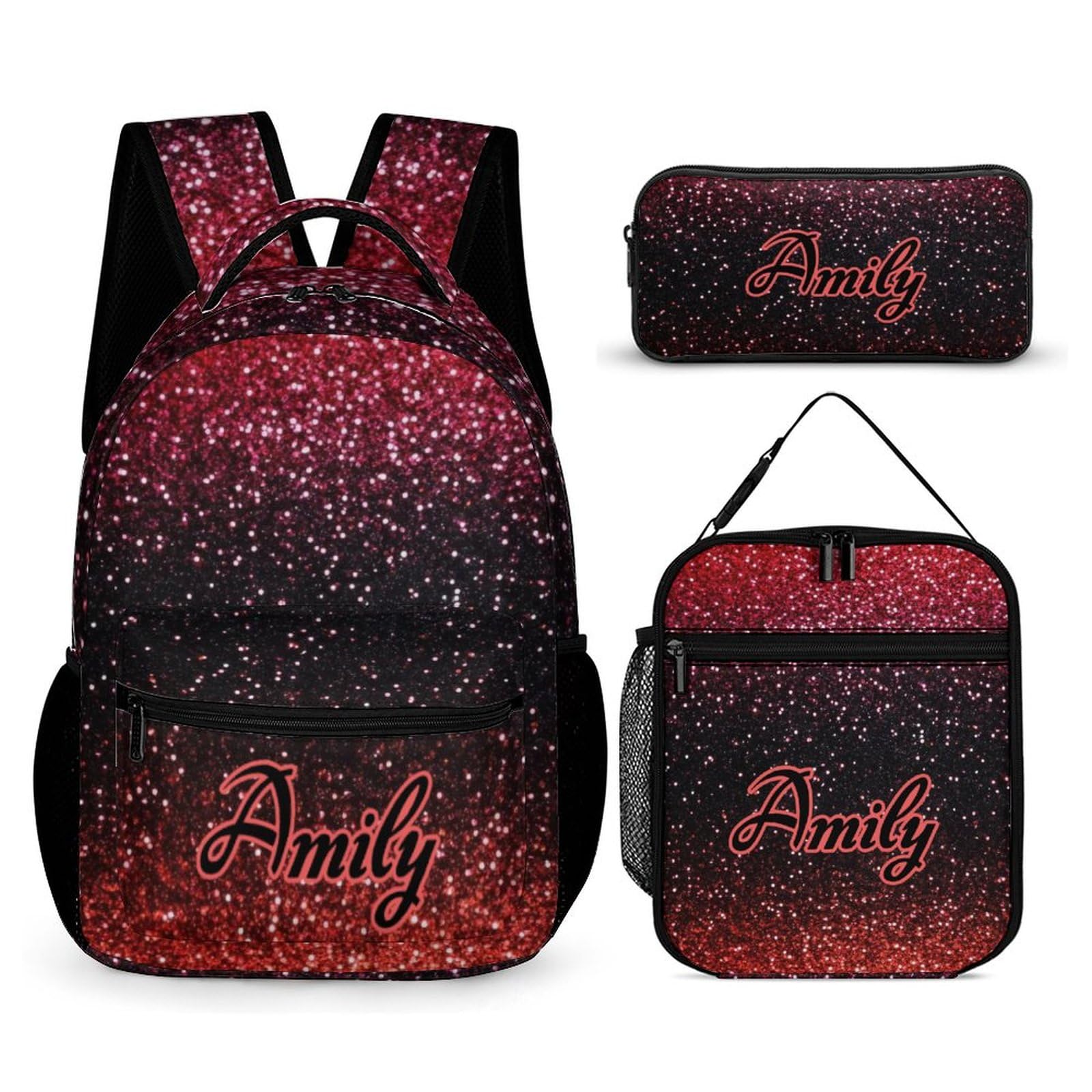 XOZOTY Red Bling Sparkle Print Custom Backpack with Lunch Box Set of 3 School Backpacks Matching Combo Cute Lightweight Bookbag and Pencil Case Bundle