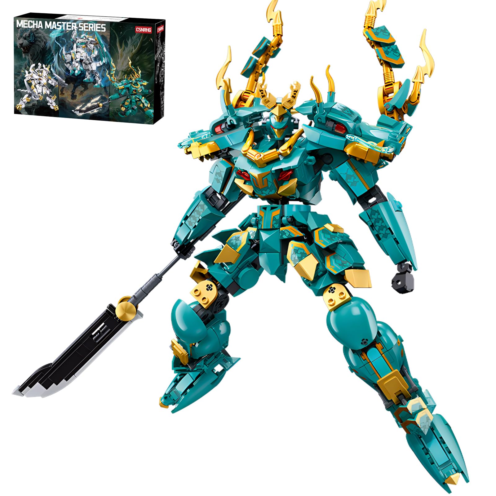 Green Dargon Samurai mech Robot with Long Spear Model Building Blocks Toy Set Mythical Birthday for Age 8+ Children Adults Teens 704 Pieces