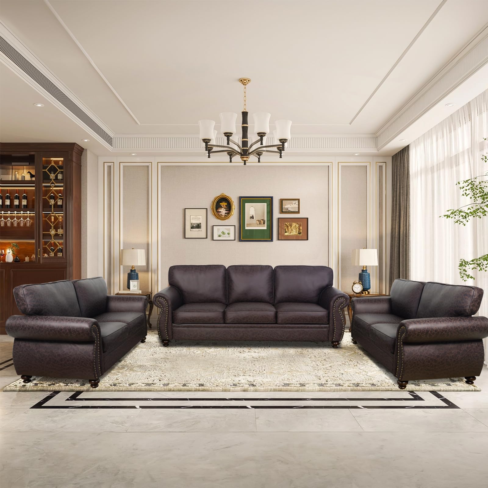 Couchus Mid-Century Vintage Faux Leather Sofa Set