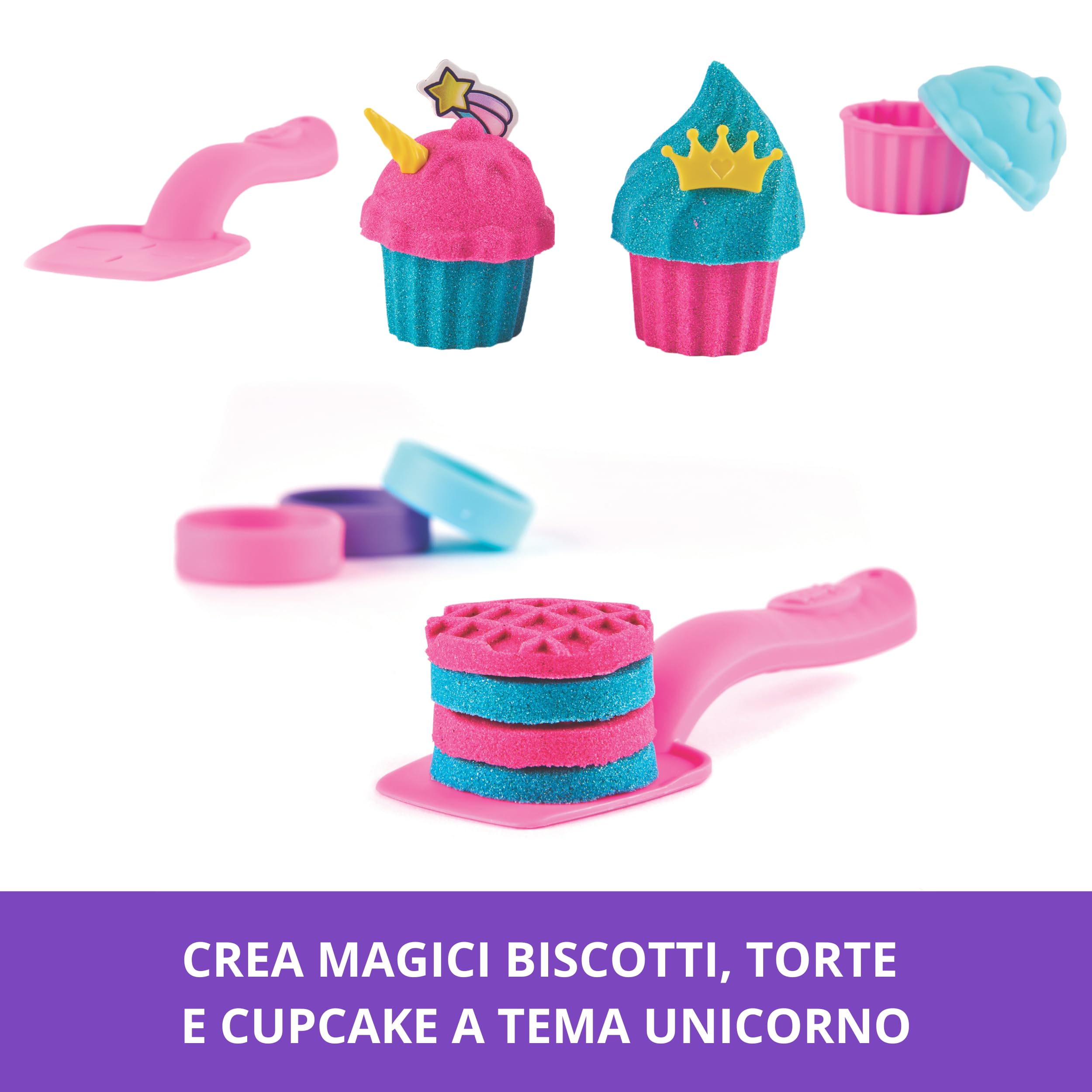 Kinetic Sand Shimmer, Set di Gioco Laboratorio di Pasticceria Unicorni, 453 g di Sabbia Cinetica, Verde Acqua Luccicante e Rosa, 8 Attrezzi Unicorno, Giocattoli Sensoriali per Bambini, 3+ Anni
