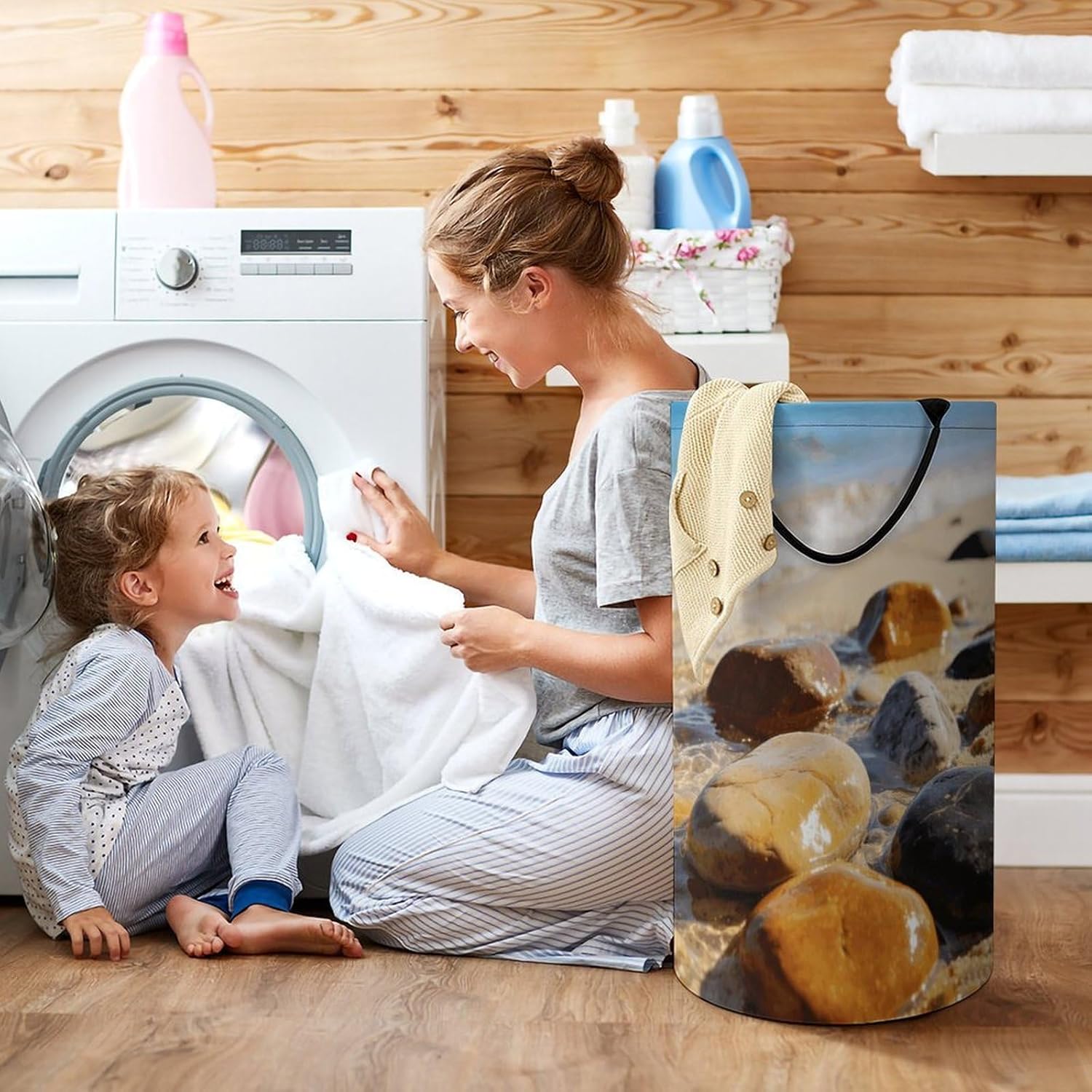 Colorful Stones on The Beach Laundry Hamper 86L Waterproof Collapsible Clothes Basket with Double Handles Freestanding Foldable Laundry Basket Large Clothes Hamper for Bathroom
