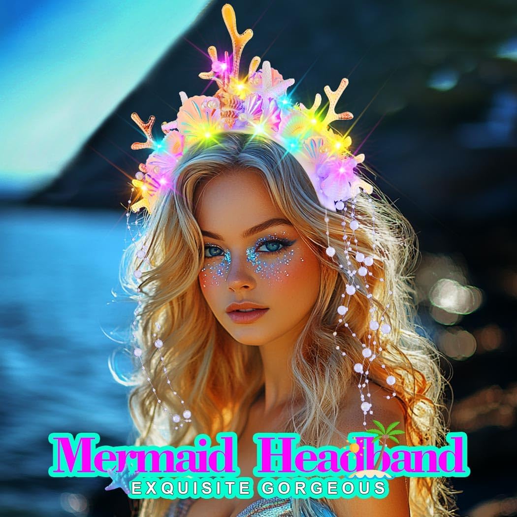 ACEDRE Light Up Mermaid Crown Headband Shell Starfish Headpiece Pearl Costume Hair Accessories for Women - Image 5