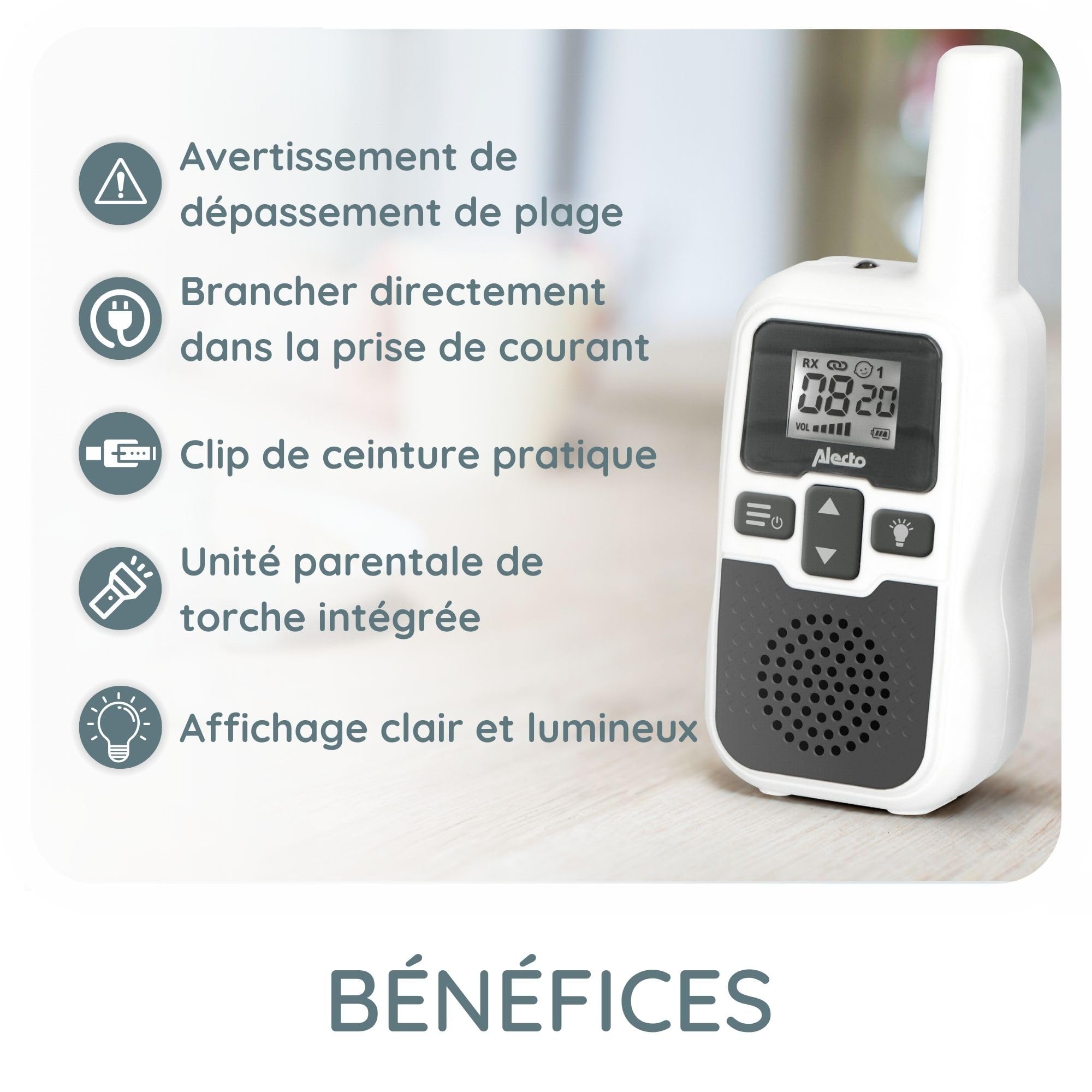 Alecto bébé DBX80 Babyphone Audio, Babyphone Longue Portée, sans Fil - Portée jusqu'à 3000 mètres - Longue autonomie en Veille (jusqu'à 9 Heures) - VOX - Sensibilité réglable - Extensible - Blanc