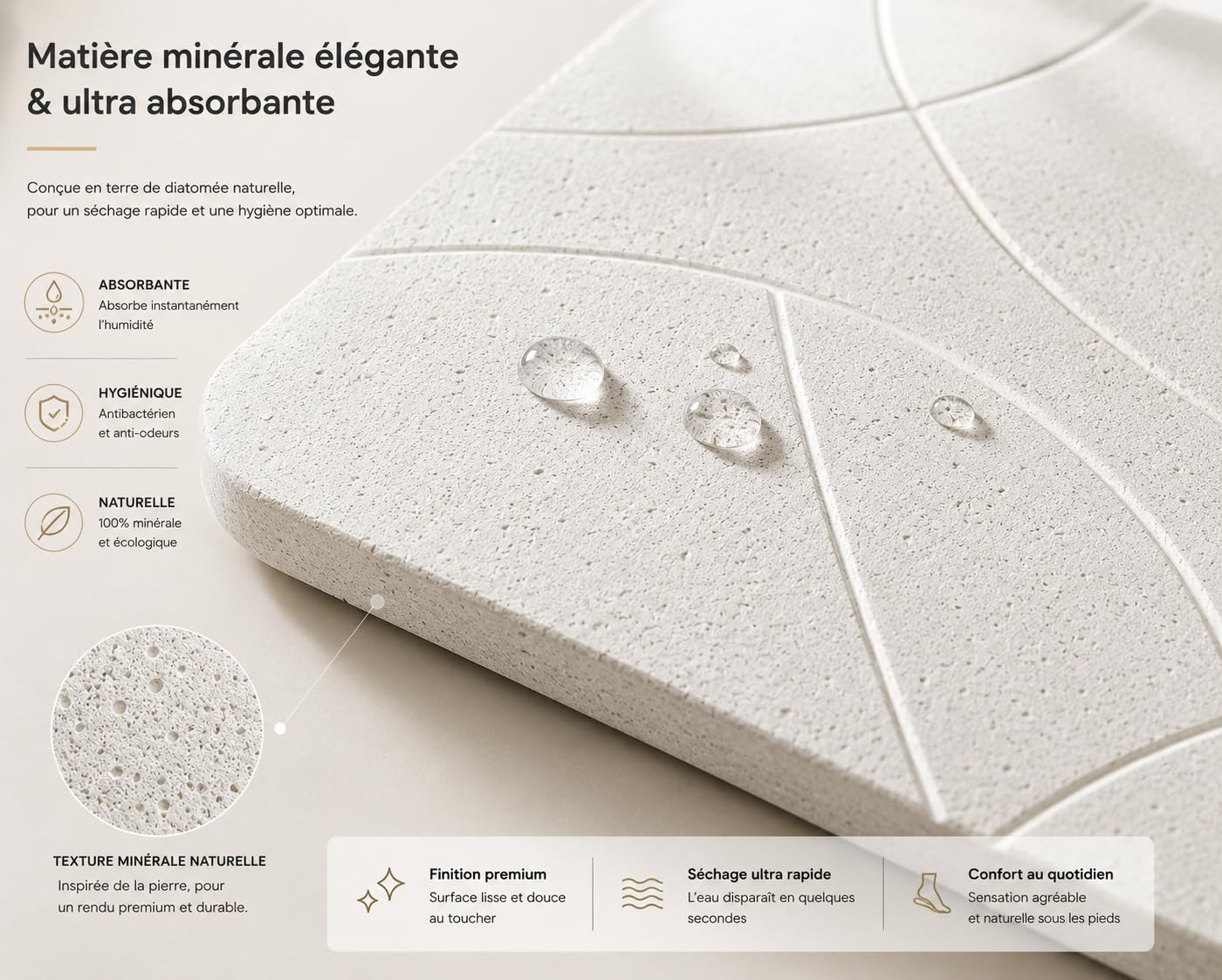 Tapis de Bain en diatomite 60 x 39 cm - Séchage instantané, antidérapant, Surface minérale Ultra absorbante - Blanc & Gris Ligne