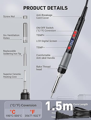 Miniatura 2 de Kit de herramienta de alisado para impresora 3D 21 en 1, kit de soldadura digital LCD de 80 W con temperatura ajustable y soldador con insertos de