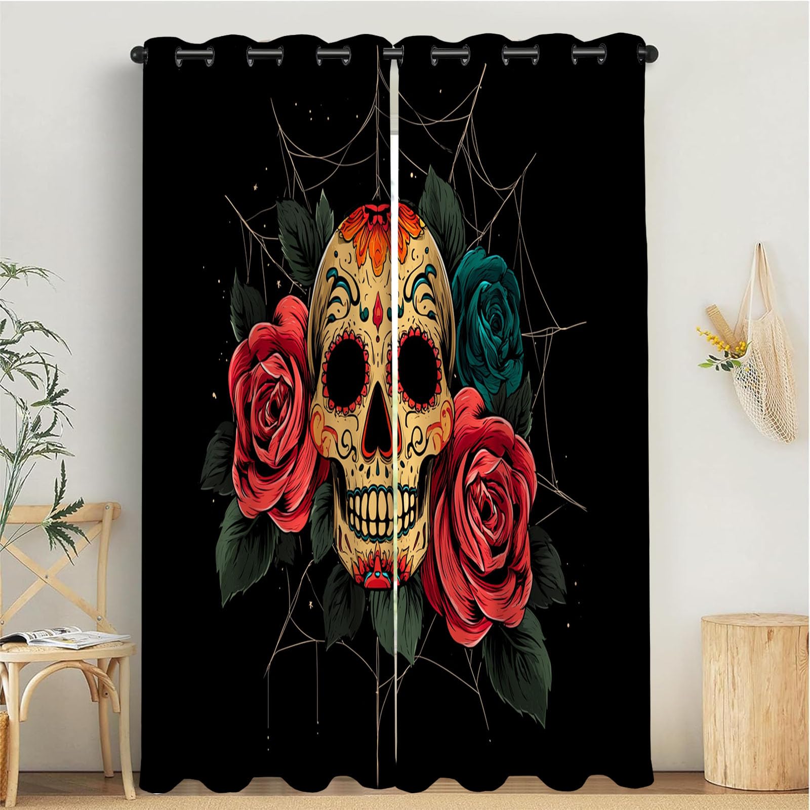 Rideau pour salon imprimé crânes et roses, double rideau occultant thermique décoratif de chambre
