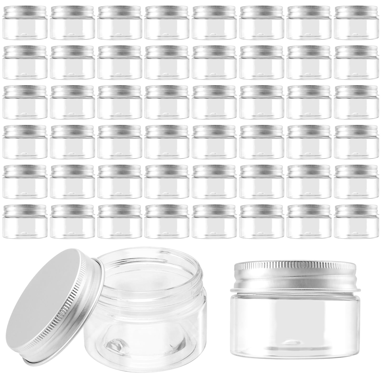Taicheut Clear, Silver 50 Pcs 30Ml Clear Plastic Jars, 1Oz Transparent Storage Sample Jar With Aluminum Screw Lids, Small Empty Sample Pots Containers For Handicrafts, Candy, Make Up
