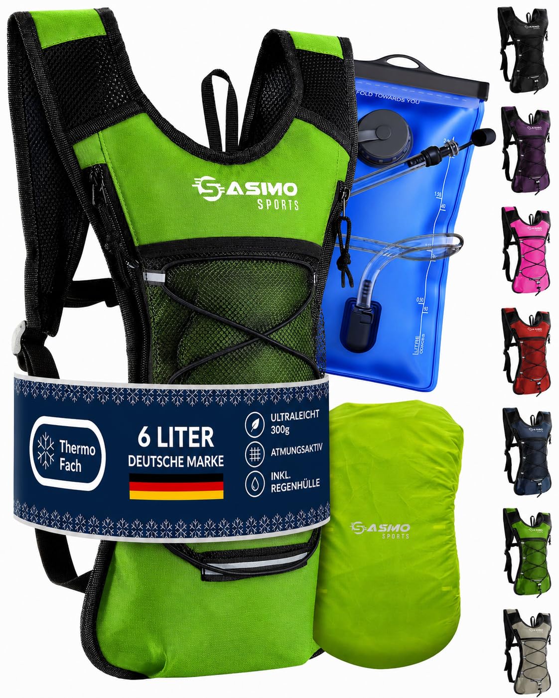 SASMO® Trinkrucksack (Grün) mit Thermofach | Trinkrucksack Laufen - Ultraleicht 300g & 6L | Laufrucksack mit Trinkblase 2l, BPA-Frei | Rucksack mit Trinkblase & Reflektoren | Laufen, Fahrradfahren