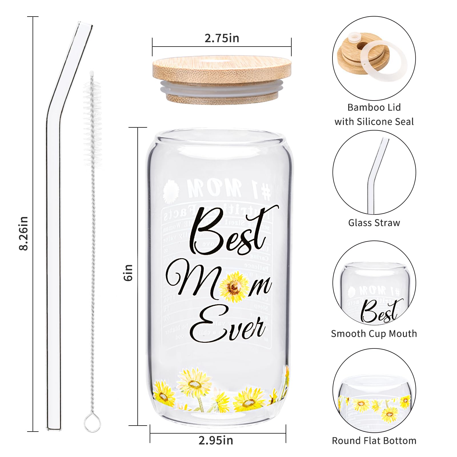 AUOIAJAS Gifts for Mom Women from Daughter Son Kids, Birthday Gift for Mother Mama Stepmom New Mom, Glass Coffee Mug Cup Jar with Lid and Straw 16 Oz