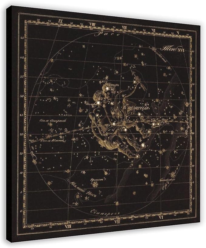 HEOVI Gemini Zodiac Sign, Old Russian Astronomy Chart, Star Constellation Illustration Canvas Posters Wall Art Bedroom Office Room Decor Gift Frame-style 16x16inch(40x40cm)