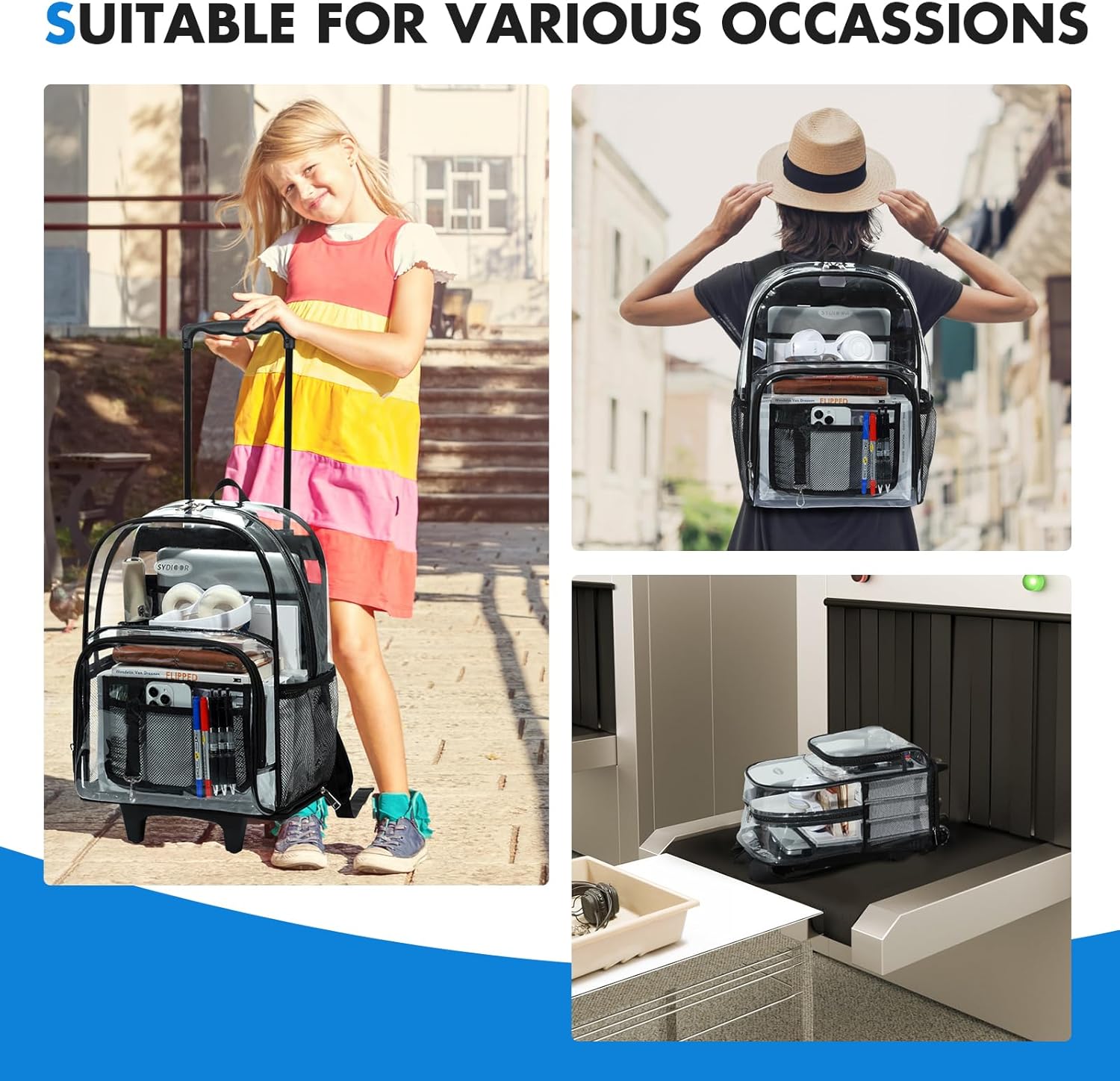 Rolling Clear Backpack Heavy Duty, 3-Stage Telescopic Handle Transparent Bookbag with wheels, See Through Backpack for College, Work, Travel