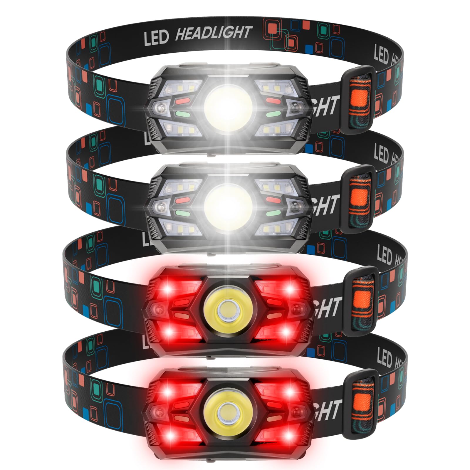 Linterna frontal recargable LED de 2000 lúmenes con sensor e impermeable, luz roja, 4 piezas 8