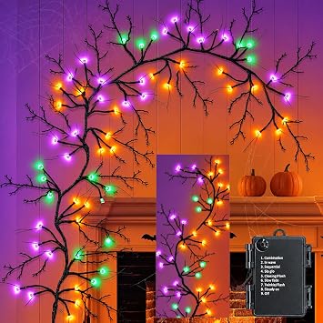 9Ft 72 LED Halloween Willow Vine Twig Garland with Lights - 8 Modes & Timer, Orange,Purple and Green, Waterproof Battery Operated for Mantle, Wall, Fireplace, Indoor Halloween Decorations