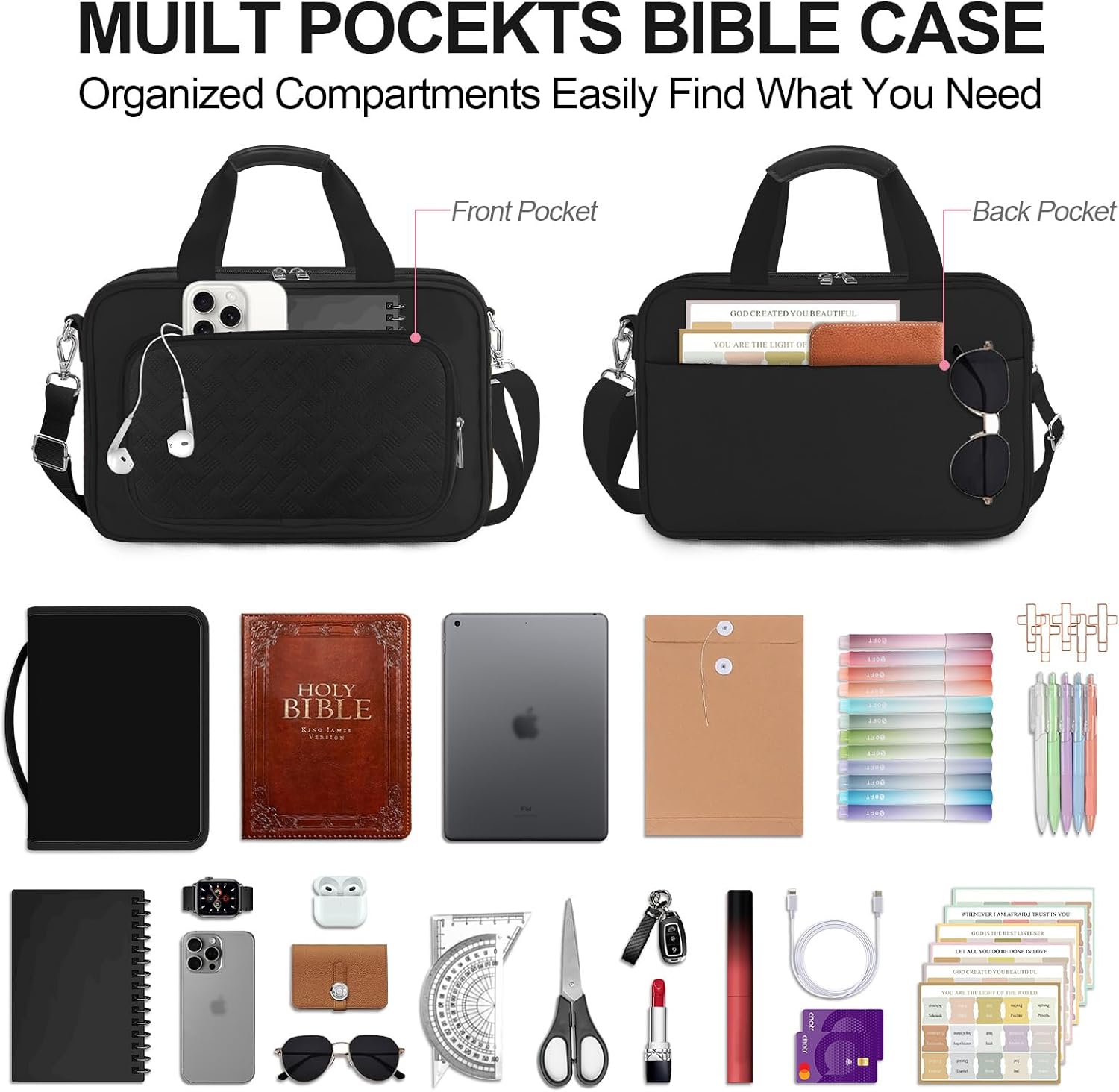 Bible Cover Case for Men Women with Highlighters Tabs Pens Cross Clips Large Church Bag with Zippered Pocket and Handle, Bible Study Supplies Bible Journaling Kit Book Carrying Case (Black)