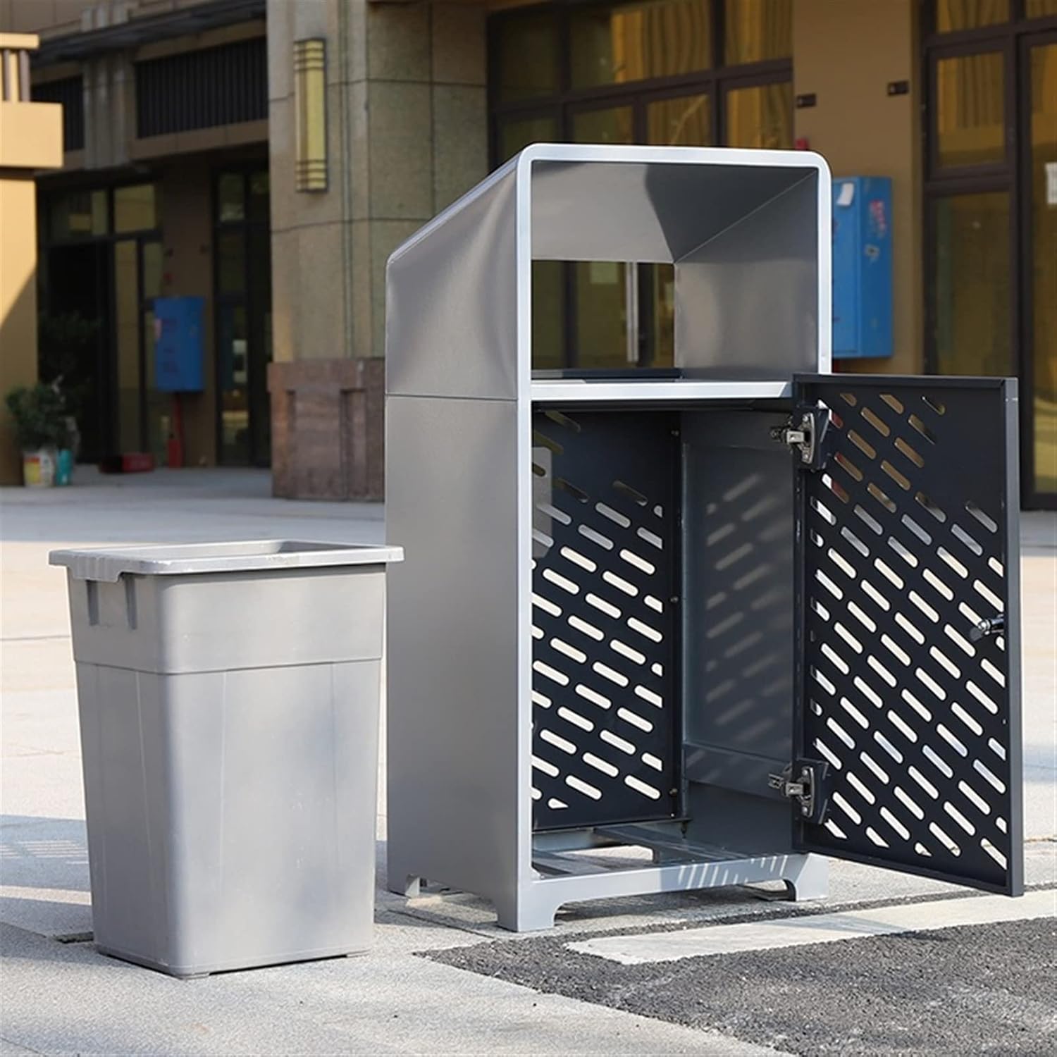 Outdoor Trash Can - Durable Thickened Steel, Hollow Panel Design with Inclined Top Cover for Efficient Waste Sorting and Management