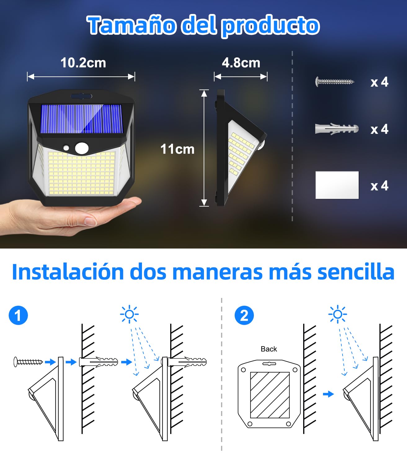 Luz Solar LED Exterior Jardin - 248 LED Luces Solares Sensor de Movimiento 270° Foco Solar Exteriores Lampara IP65 Impermeable Aplique Solar Potente con Iluminacion Terraza Outdoor Light 4 Paquete