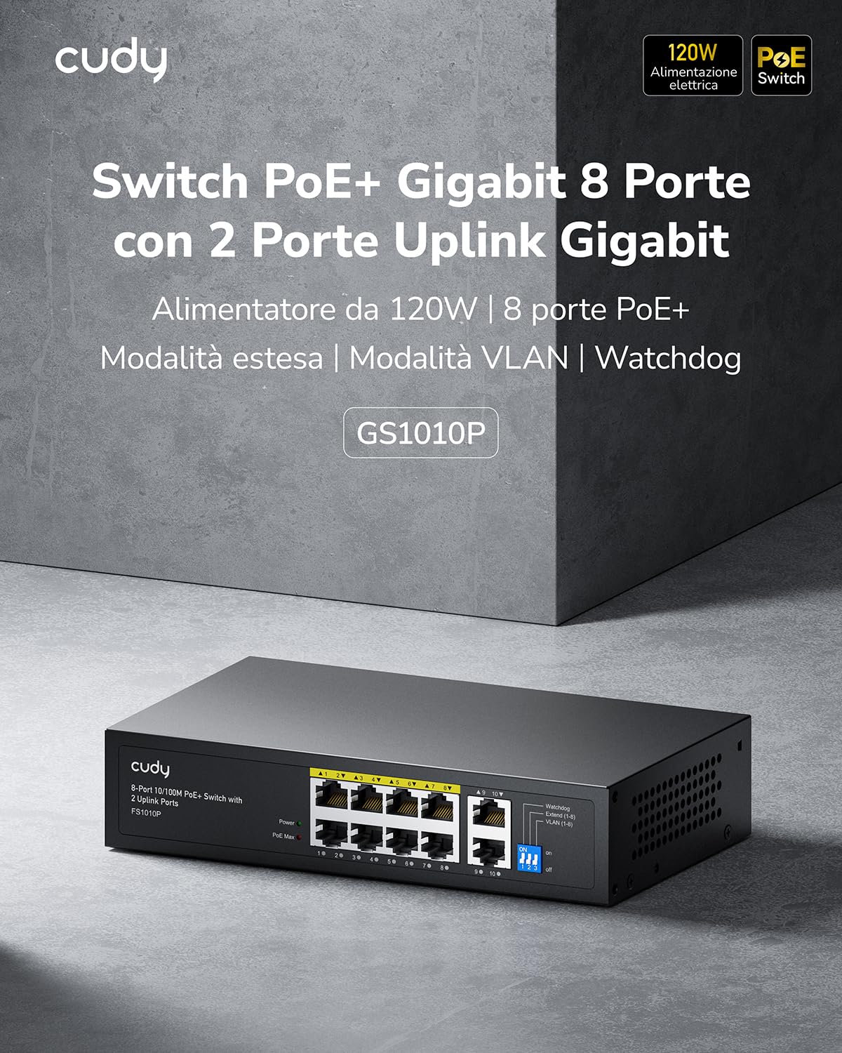 Cudy Switch PoE+ Gigabit 10 Porte 8+2, 120W, VLAN, QoS, Plug Play, GS1010P | 8x PoE+ 120W, 2x Uplink, 802.3at/af, Isolamento VLAN, QoS, 20Gbps switching, Plug Play, Custodia metallica