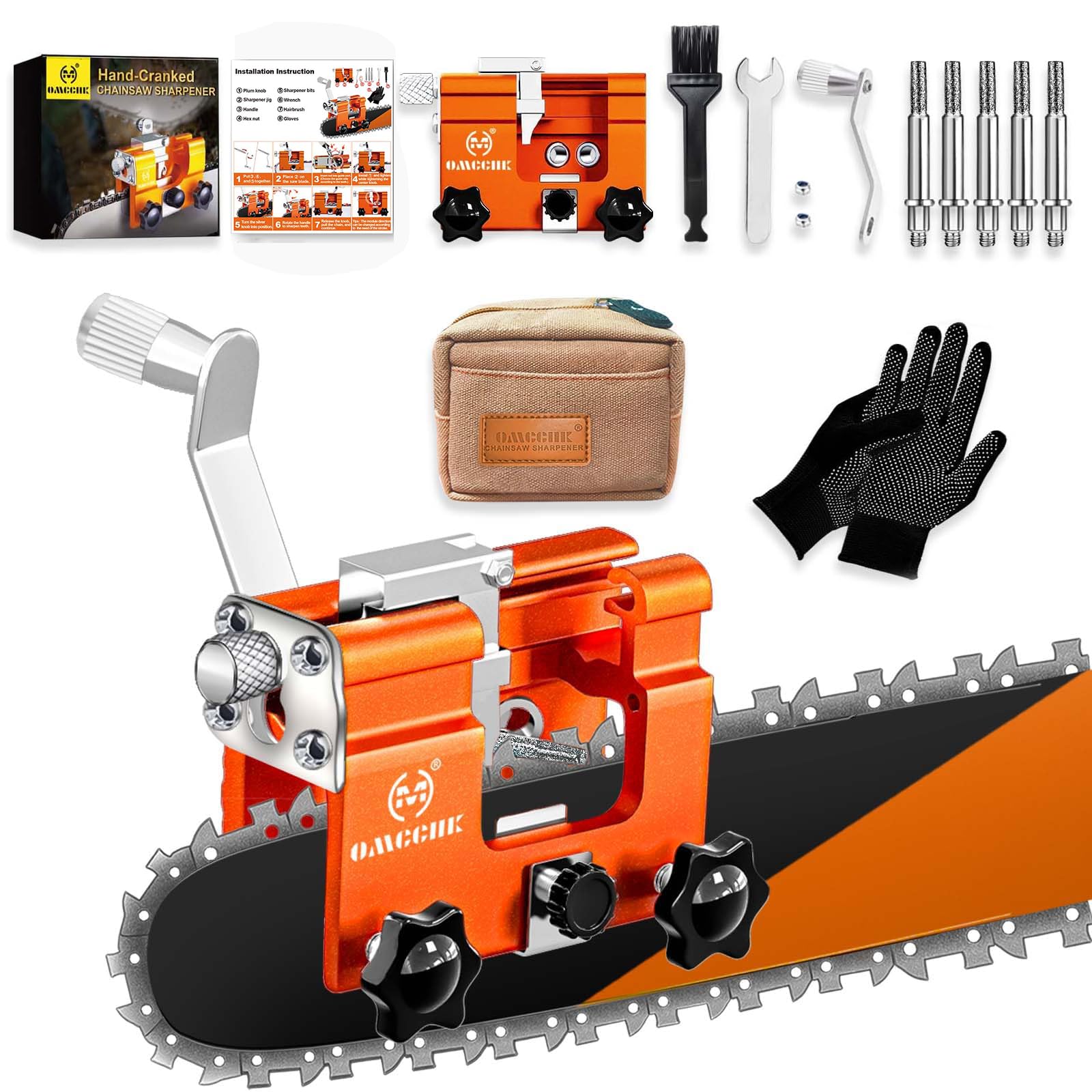 OMCCHKChainsaw Sharpener Jig, Portable Chain Saw Sharpener Tool with 5 Titanium-Plated Diamond Bits, Universal Hand Crank Chainsaw Sharpening Kit for 6"-22" Electric Saw, Chain Saw