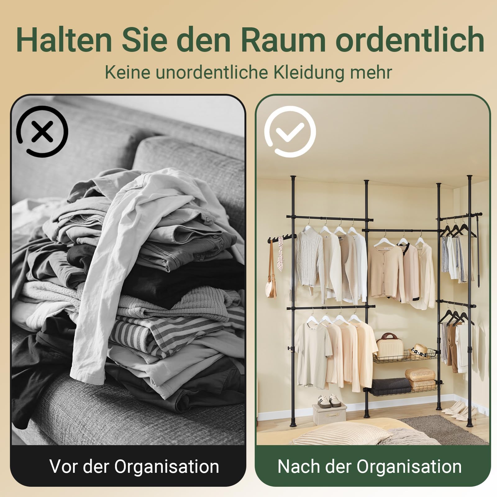 SoBuy Teleskop Kleiderständer, robuster Kleiderstange, verstellbarer offener Kleiderschrank mit Ablagekörbe für Schlafzimmer, Garderobenständer, Schwarz KLS04-II-SCH
