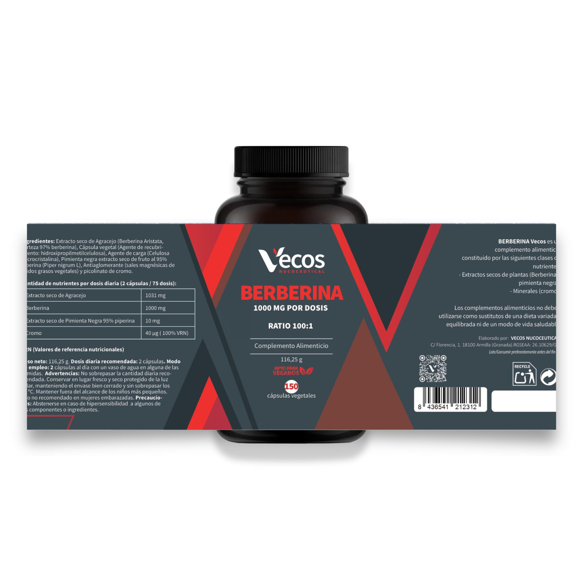 Berberina Pura 1000 mg | Extracto Seco de Berberis Aristata con Cromo y Pimienta Negra para Mejorar la Absorción | 150 Cápsulas Vegetales | Hecho en España (300 Cápsulas (2 Botes))