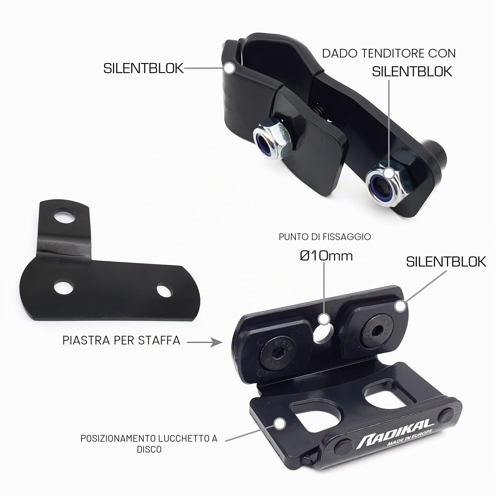 RADIKAL RK14S Lucchetto Antifurto Moto Bloccadisco Sonoro Allarme 120 Db, Warning Pre-Allarme, Omologato SRA & RK402 Supporto antifurto RK10 e RK14S per Il Fissaggio a Tubi o Viti