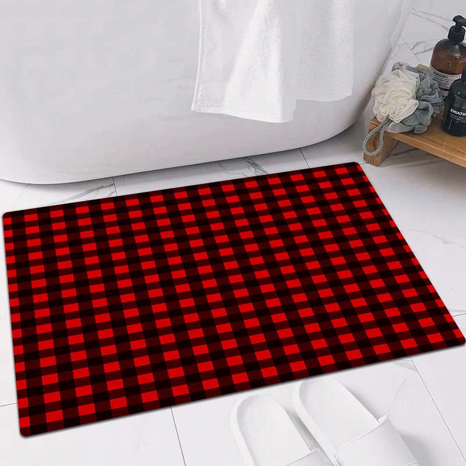EMFSLA Bath Mat 16x24 in,Plaid cloth textile tartan black and red fashion abstract background textured wall,Non-Slip Bathroom Mat Machine-Washable,Ultra Soft and Water Absorbent Bath Rug for Bathroom