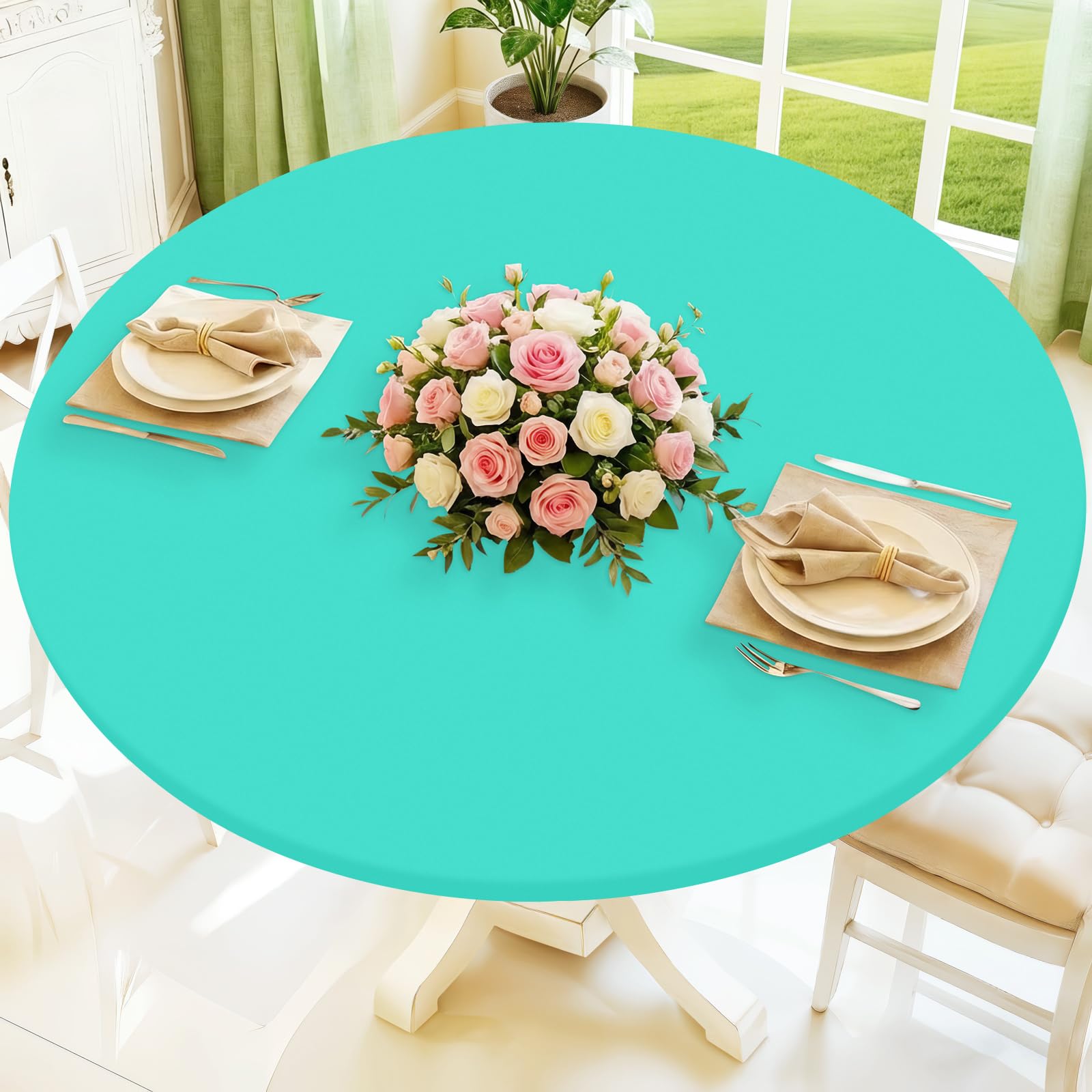 Moosfor Round Spandex Tablecloth, Elastic Fitted Waterproof Tablecloths for 42"-50" Tables, Stretch Washable Picnic Table Cover for Camping, Dining, Indoor and Outdoor,Aqua Blue — image 1