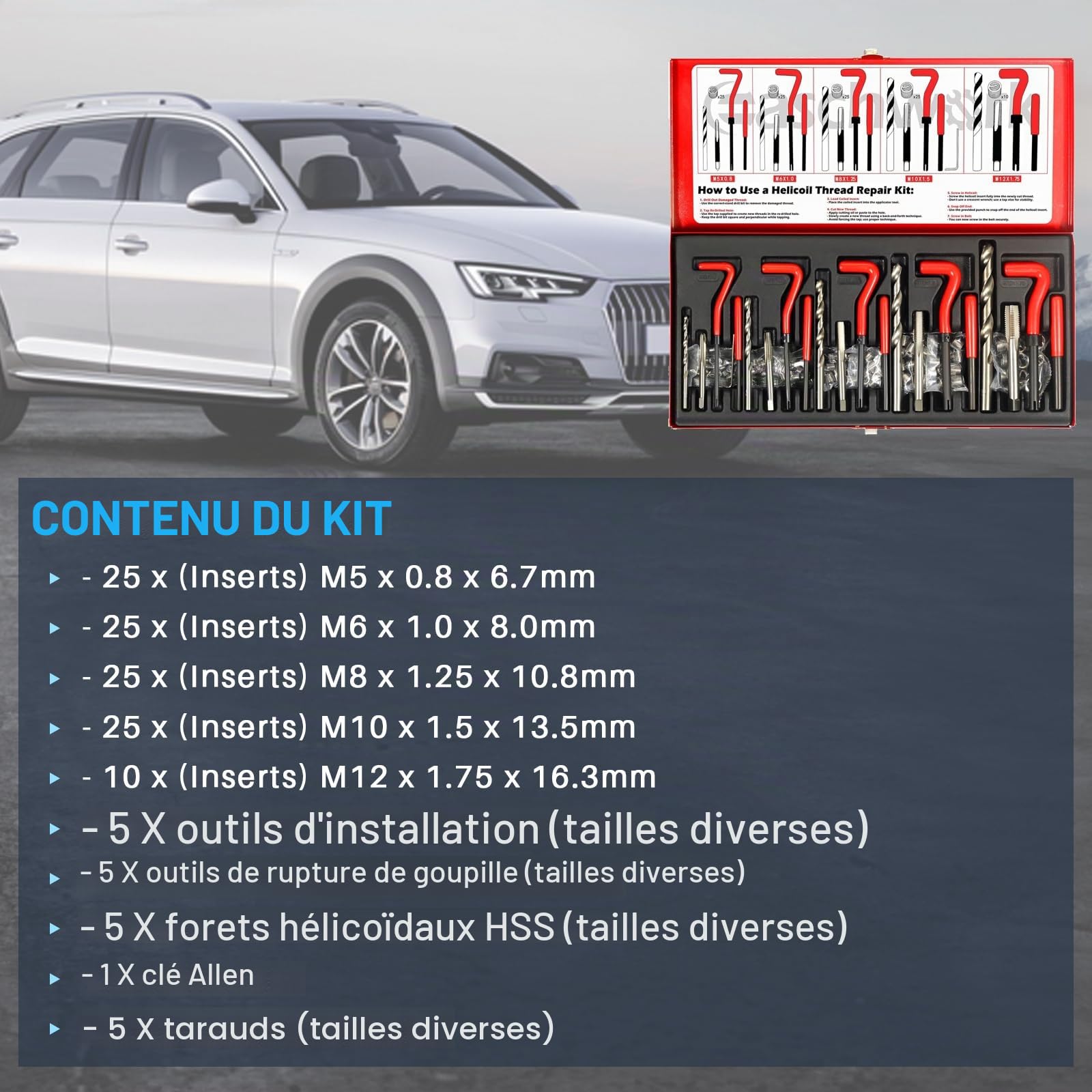 131 Pièces Kit de Réparation de Filetage - Kit de Réparation de Vis Helicoil - Remplacement pour M5 M6 M8 M10 M12