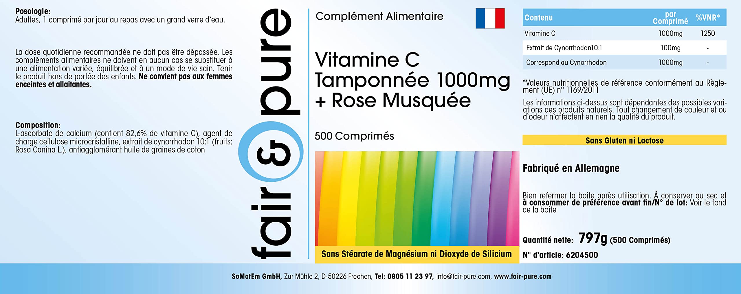 Fair & Pure Vitamine C tamponnée 1000 mg + cynorrhodon, 500 comprimés, hautement dosé avec 1250% VNR, L-ascorbate de calcium, complément alimentaire sans stéarate de magnésium, fabriqué en Allemagne