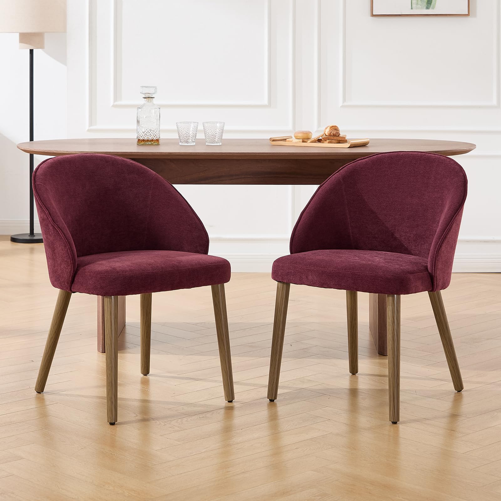 DAYALANE 2Pcs Burgundy Red Chenille Dining Chairs Shell Shaped Arm & Back
