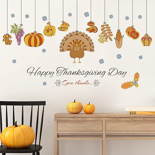 Calcomanías de pared de Acción de Gracias, decoración de cosecha de otoño, calabaza de Acción de Gracias, pavo, calcomanías de pared para casa de