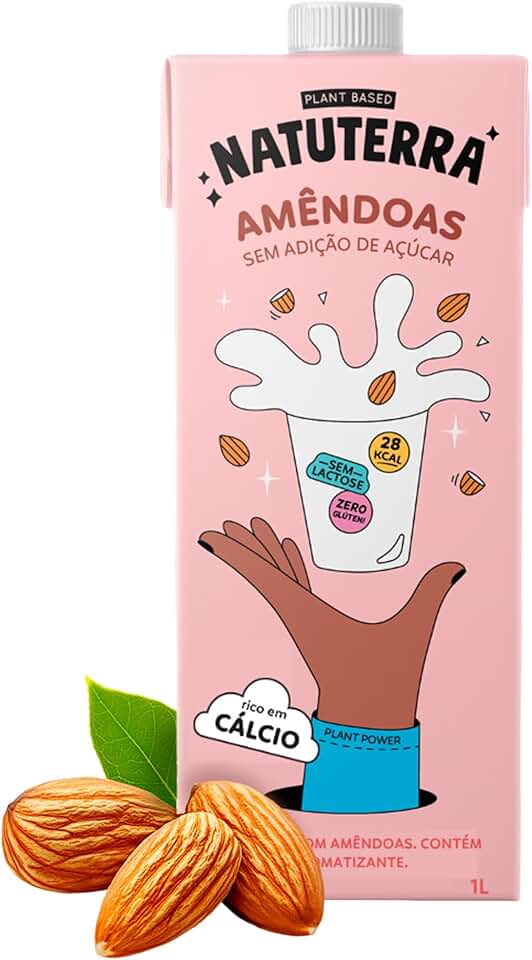 Leite Vegetal de Amêndoas Natuterra 1L | Bebida de amêndoas sem adição de açúcar, sem lactose, sem colesterol, sem glúten e livre de soja | Leite de amêndoas vegano, 100% plant based, fonte de Cálcio