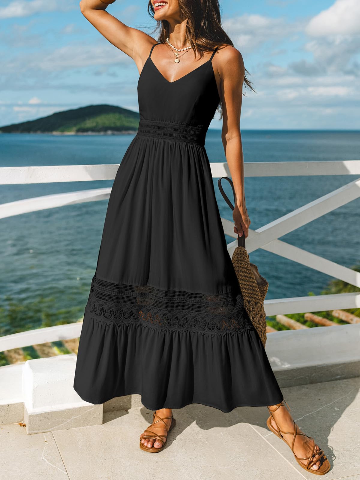 CUPSHE Abito estivo da donna con spalline sottili, in pizzo, senza maniche, stile bohémien