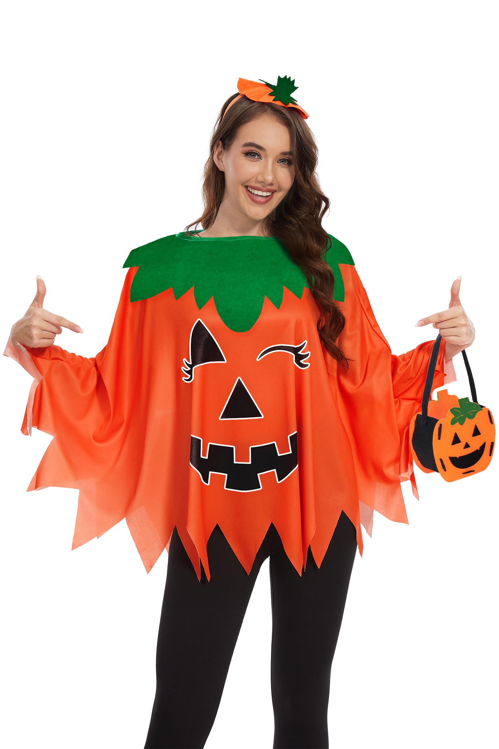 TMSD 3Pcs Women Halloween Pumpkin Glow in the Dark Poncho Orange Costume with Headband and Candy Bag, Y - Pumpkin A2 - Image 2