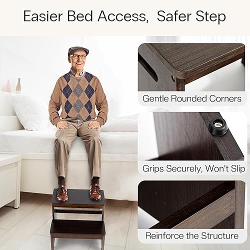 Miniatura 9 de StrongTek Taburete de bambú de dos escalones para adultos y niños, taburete de cama con parte inferior antideslizante, resistente para cocina, baño,