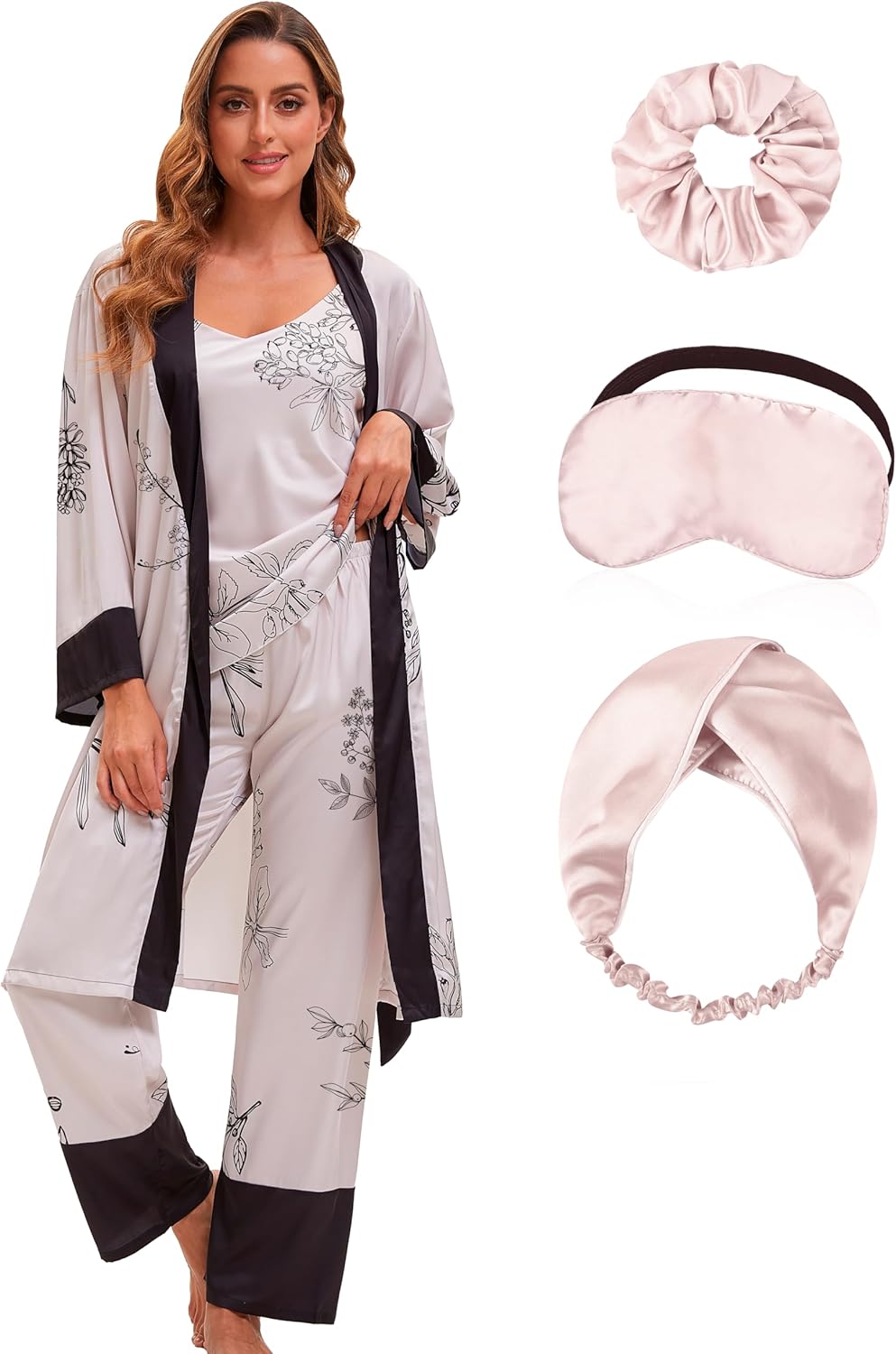 MORFORU Silk Pajamas for Women 3 Piece Satin Pajama Set with Robe Cami Top Pajama Pants Silk Pjs Sleepwear Lounge Set