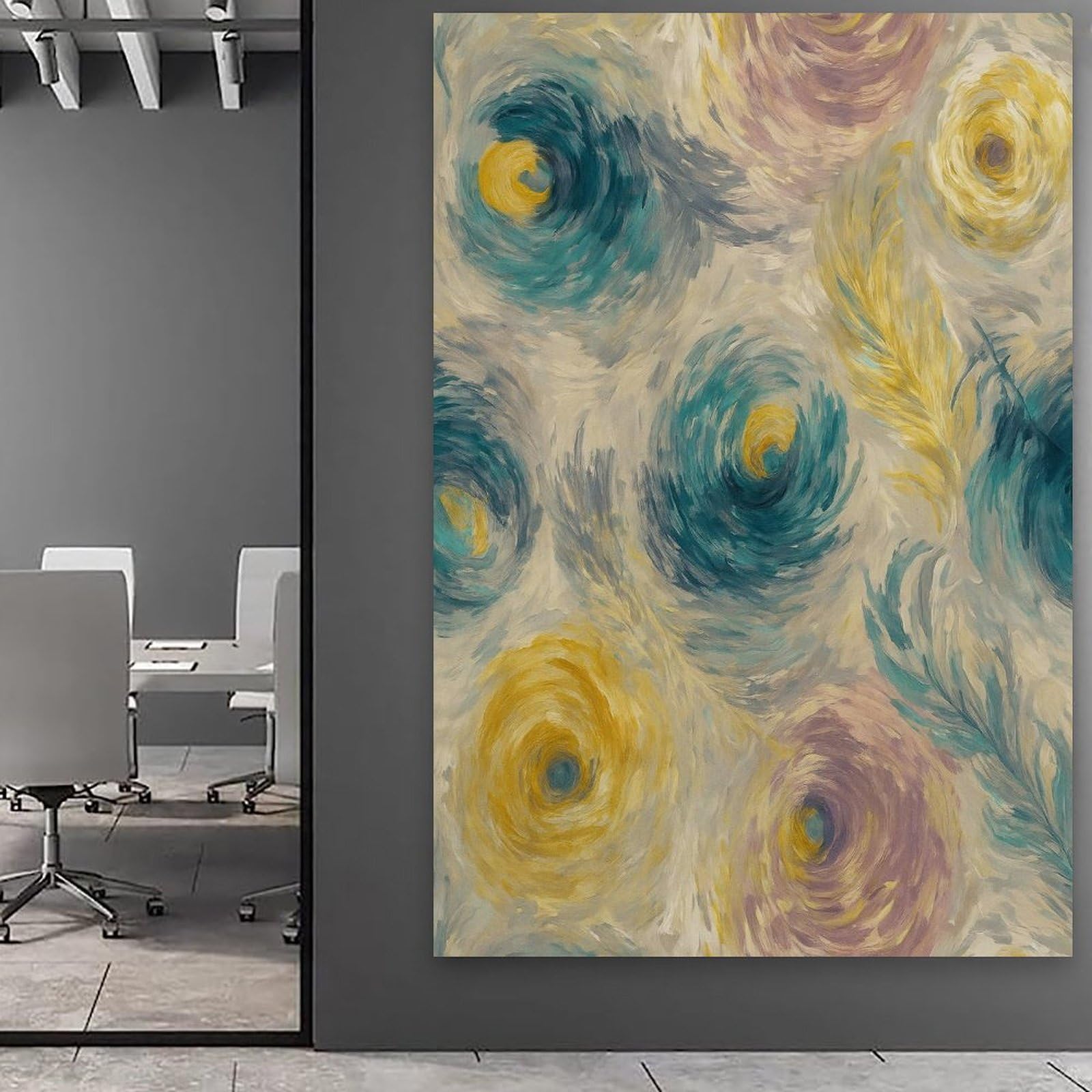 Póster abstracto de plumas de pavo real con diseño de remolino en lienzo, arte bohemio moderno impresionante para decoración de pared para sala de estar y dormitorio