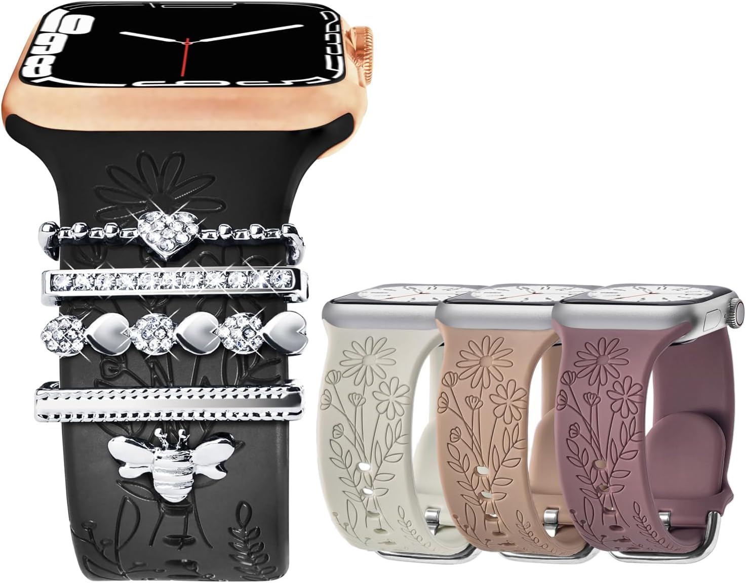 Watch Band Charms (Band Included) & 3 Pack Wildflower Engraved Bands, Compatible with Apple Watch Band 44mm 42mm 45mm 49mm