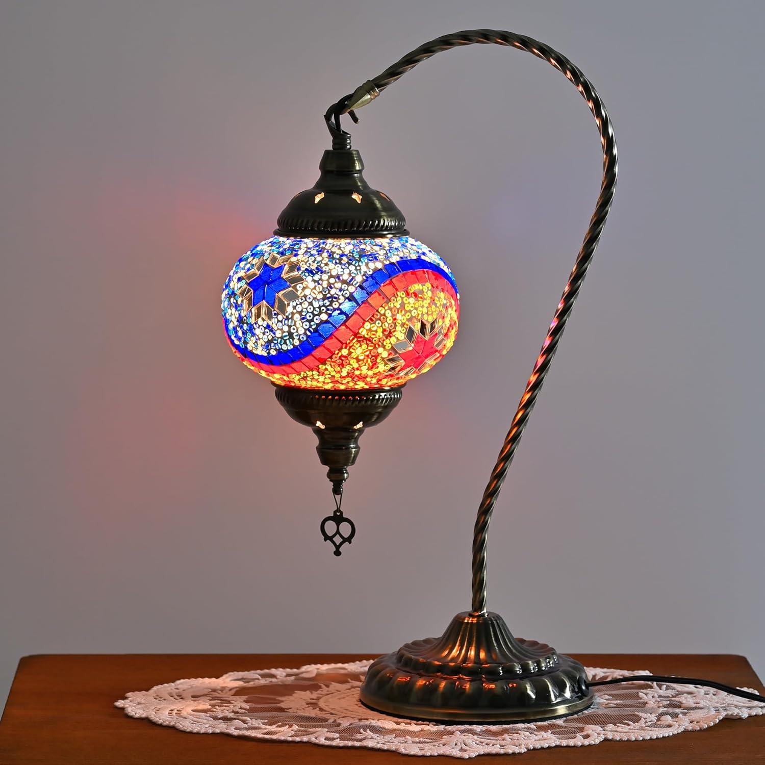 GOGERS Swan Neck Turkish Moroccan Lamp Handmade Stained Mosaic Glass Vintage Lamp Shade Bohemian Tiffany Style Bedside Night Lamp Lighting for Bedroom Living Room (Blue Red Colorful)