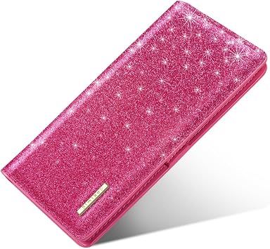 Minimalist Bifold Wallet RFID Blocking Slim Cute Credit Card Holder Compact Leather Wallet Ladies Purse for Handbag, Rose Glitter