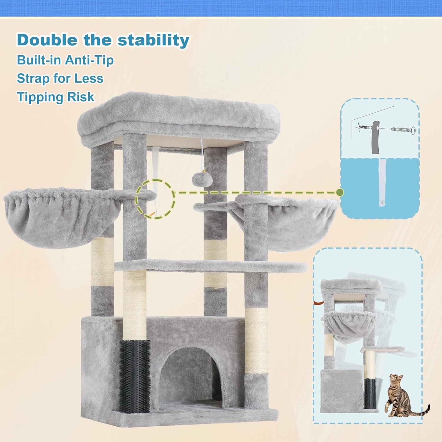 Hey-brother Cat Tree Tower with Extra Large Platform, Spacious Condo, 2 Cozy Hammocks, Self-Grooming Brush, Sisal Scratching Posts for Big Indoor Adult, Maine Coon, 35.4 Inches, Light Gray MPJ060W