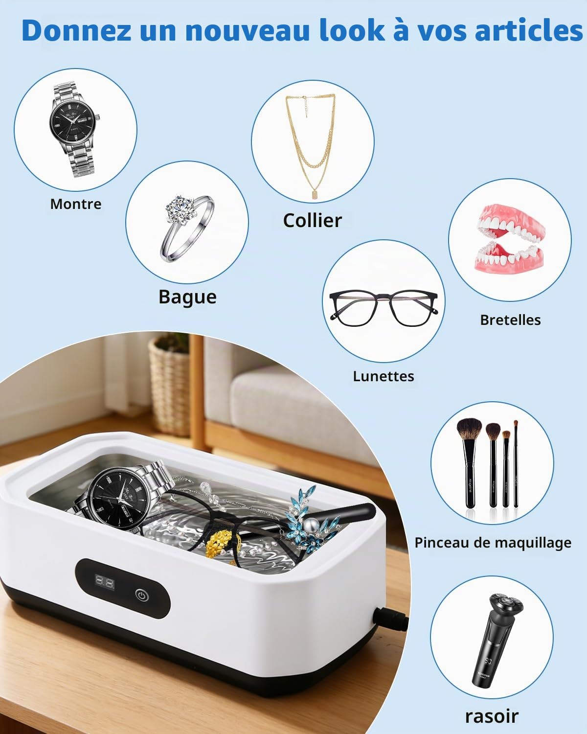 Nettoyeur Ultrasons, 49kHz Nettoyeur Bijoux à Ultrason, 650ML Appareil De Nettoyage De Lunettes avec 5 Réglages de Temps, Ultrasonic Cleaner pour Bijoux, Dentier, Montres, Lunettes, Tête de Rasoir