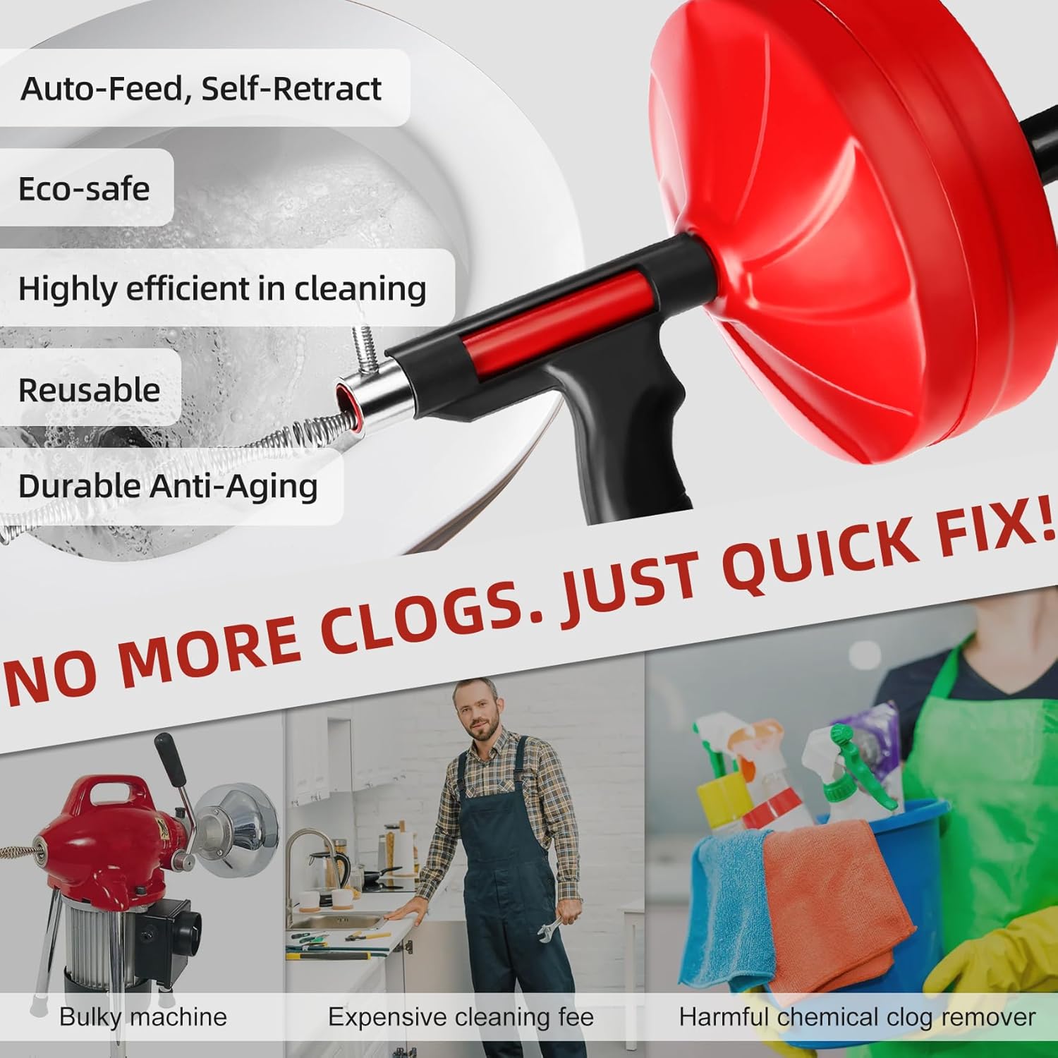 50FT Drain Snake for Clog Removal, Drill Powered & Manual Auger, 1/4 Inch Plumbing Snake for Kitchen Sink, Shower & Bathtub Drain, Hair Clog Remover Tool with Gloves & Storage Bag