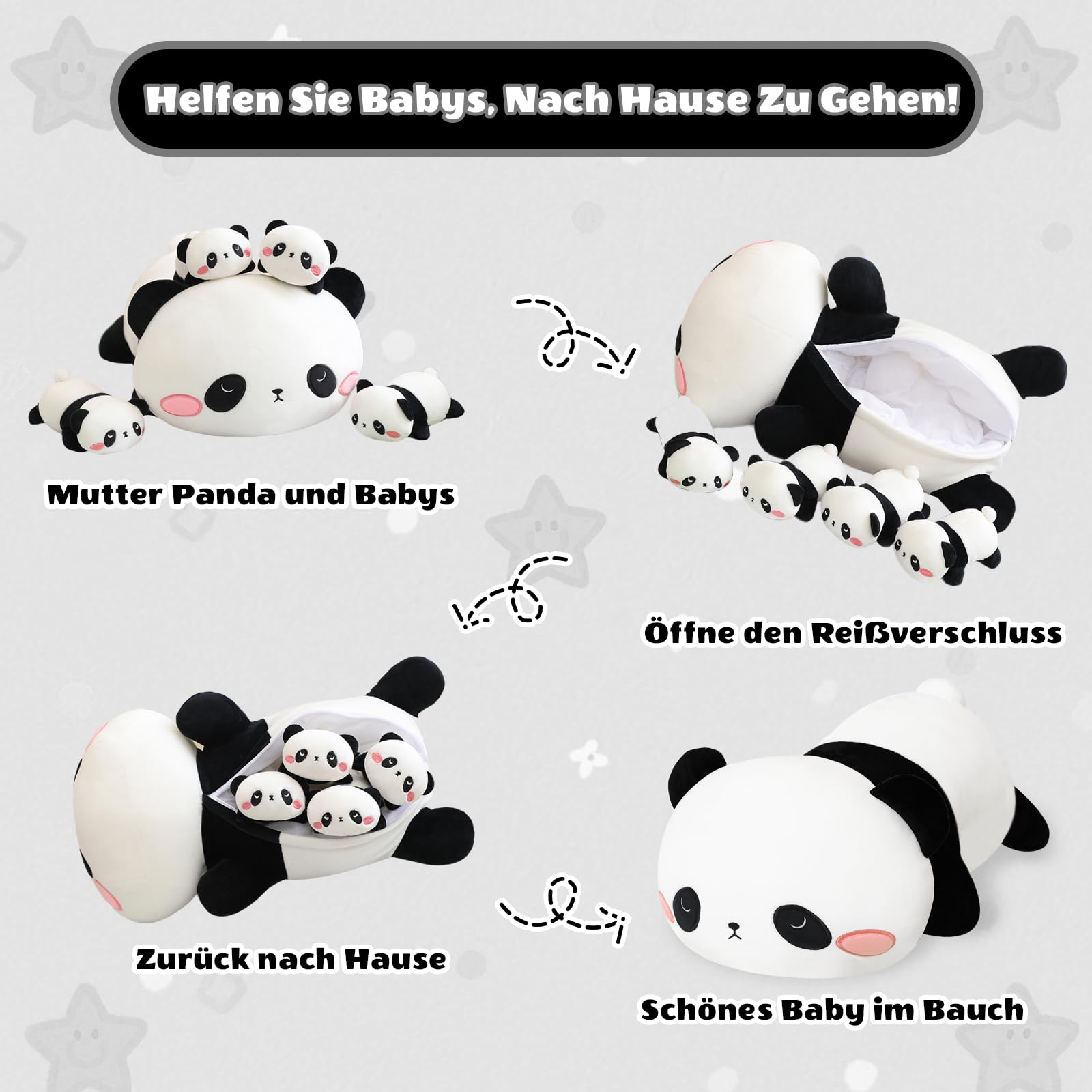 SQEQE Panda Stuffed Animals with 4 Baby Panda Plushies in Her Tummy, Cute Plush Pillow Cartoon Hugging Toy Gifts for Kids/Toddler/Baby - Image 2