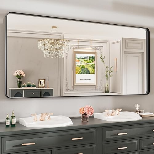 Miniatura 379 de LOAAO - Espejo de tocador para baño con marco de metal negro mate de 24 x 32 pulgadas para pared, rústico, rectangular, grande, redondeado